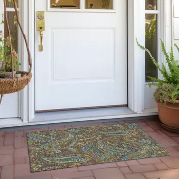 2' X 3' Brown Aqua and Gold Paisley Washable Non Skid Indoor Outdoor Area Rug