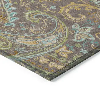 2' X 3' Brown Aqua and Gold Paisley Washable Non Skid Indoor Outdoor Area Rug