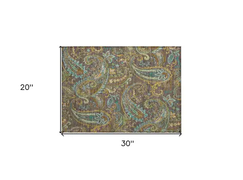 2' X 3' Brown Aqua and Gold Paisley Washable Non Skid Indoor Outdoor Area Rug