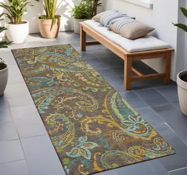 2' X 8' Brown Aqua and Gold Paisley Washable Non Skid Indoor Outdoor Area Rug