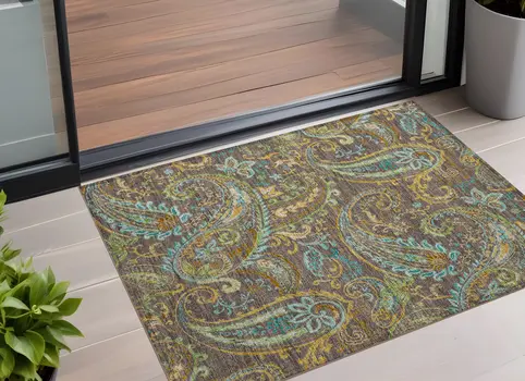 3' X 5' Brown Aqua and Gold Paisley Washable Non Skid Indoor Outdoor Area Rug