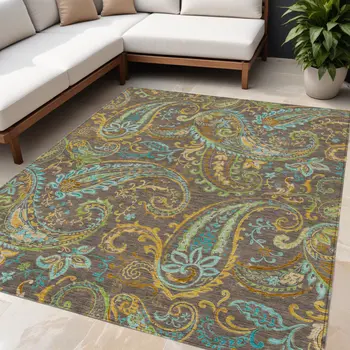 5' X 8' Brown Aqua and Gold Paisley Washable Non Skid Indoor Outdoor Area Rug