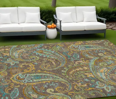 10' X 14' Brown Aqua and Gold Paisley Washable Non Skid Indoor Outdoor Area Rug