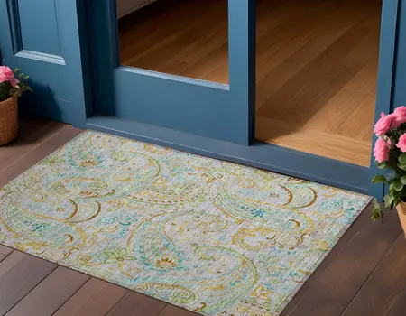 2' X 3' Gray and Gold Paisley Washable Non Skid Indoor Outdoor Area Rug