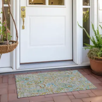 2' X 3' Gray and Gold Paisley Washable Non Skid Indoor Outdoor Area Rug