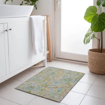 2' X 3' Gray and Gold Paisley Washable Non Skid Indoor Outdoor Area Rug