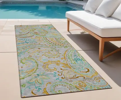 2' X 8' Gray and Gold Paisley Washable Non Skid Indoor Outdoor Runner Rug