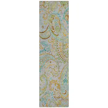 2' X 8' Gray and Gold Paisley Washable Non Skid Indoor Outdoor Runner Rug