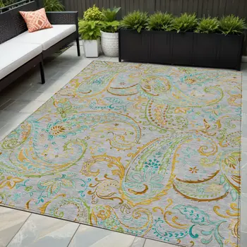 5' X 8' Gray and Gold Paisley Washable Non Skid Indoor Outdoor Area Rug