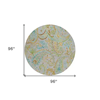 8' Round Gray and Gold Round Paisley Washable Non Skid Indoor Outdoor Area Rug