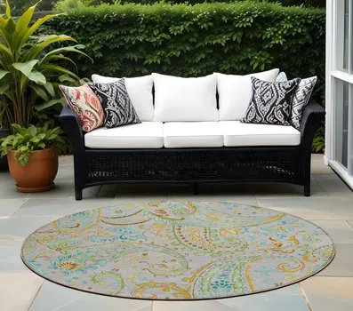 8' Round Gray and Gold Round Paisley Washable Non Skid Indoor Outdoor Area Rug