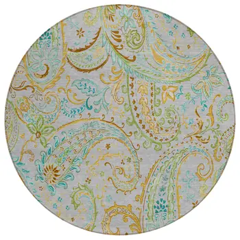 8' Round Gray and Gold Round Paisley Washable Non Skid Indoor Outdoor Area Rug