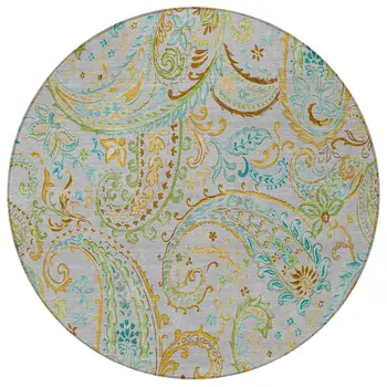 8' Round Gray and Gold Round Paisley Washable Non Skid Indoor Outdoor Area Rug