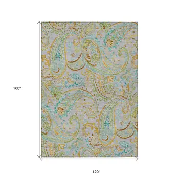 10' X 14' Gray and Gold Paisley Washable Non Skid Indoor Outdoor Area Rug
