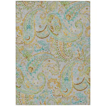 10' X 14' Gray and Gold Paisley Washable Non Skid Indoor Outdoor Area Rug