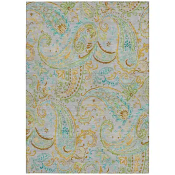 10' X 14' Gray and Gold Paisley Washable Non Skid Indoor Outdoor Area Rug