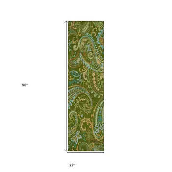 8' Runner Green Paisley Washable Non Skid Indoor Outdoor Runner Rug