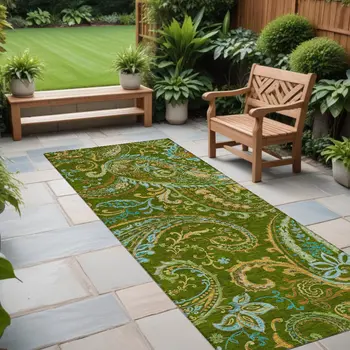 8' Runner Green Paisley Washable Non Skid Indoor Outdoor Runner Rug