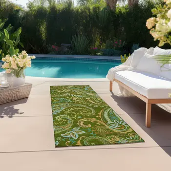 8' Runner Green Paisley Washable Non Skid Indoor Outdoor Runner Rug