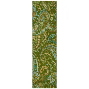8' Runner Green Paisley Washable Non Skid Indoor Outdoor Runner Rug