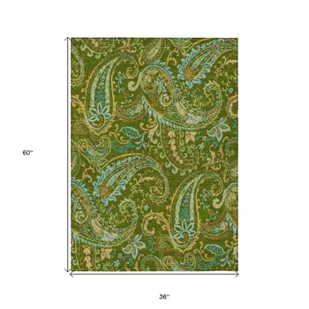 3' X 5' Green Paisley Washable Non Skid Indoor Outdoor Area Rug