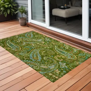 3' X 5' Green Paisley Washable Non Skid Indoor Outdoor Area Rug