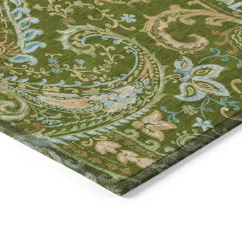 5' X 8' Green Paisley Washable Non Skid Indoor Outdoor Area Rug