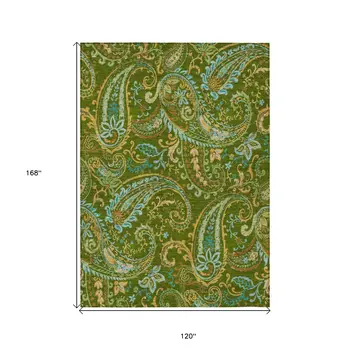 10' X 14' Green Paisley Washable Non Skid Indoor Outdoor Area Rug