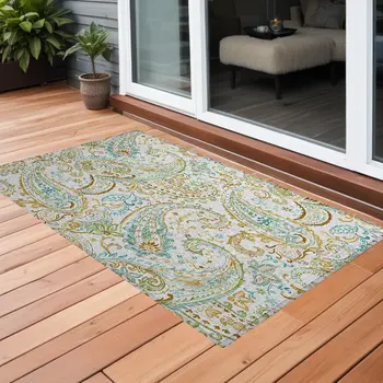 2' X 3' Ivory and Gold Paisley Washable Non Skid Indoor Outdoor Area Rug