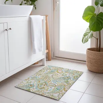 2' X 3' Ivory and Gold Paisley Washable Non Skid Indoor Outdoor Area Rug
