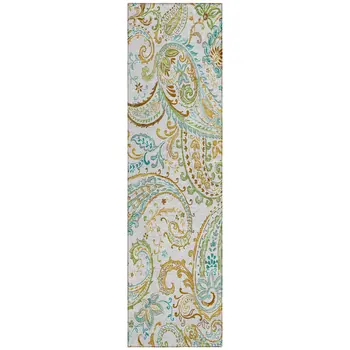 8' Runner Ivory and Gold Paisley Washable Non Skid Indoor Outdoor Runner Rug