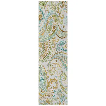8' Runner Ivory and Gold Paisley Washable Non Skid Indoor Outdoor Runner Rug