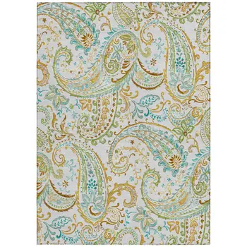5' X 8' Ivory and Gold Paisley Washable Non Skid Indoor Outdoor Area Rug