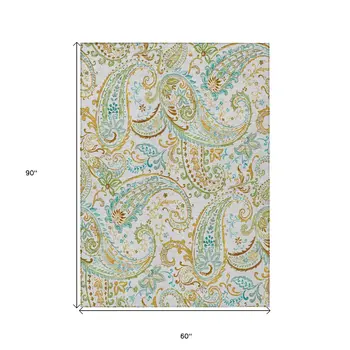5' X 8' Ivory and Gold Paisley Washable Non Skid Indoor Outdoor Area Rug