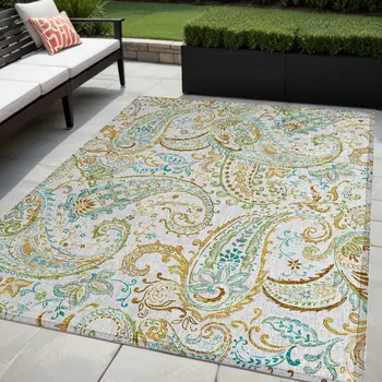 5' X 8' Ivory and Gold Paisley Washable Non Skid Indoor Outdoor Area Rug