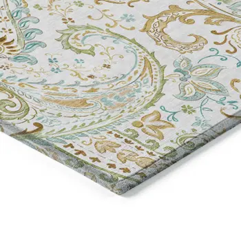5' X 8' Ivory and Gold Paisley Washable Non Skid Indoor Outdoor Area Rug