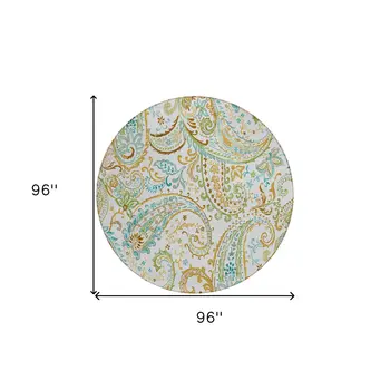 8' Round Ivory and Gold Round Paisley Washable Non Skid Indoor Outdoor Area Rug