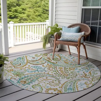 8' Round Ivory and Gold Round Paisley Washable Non Skid Indoor Outdoor Area Rug