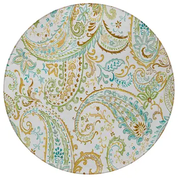 8' Round Ivory and Gold Round Paisley Washable Non Skid Indoor Outdoor Area Rug