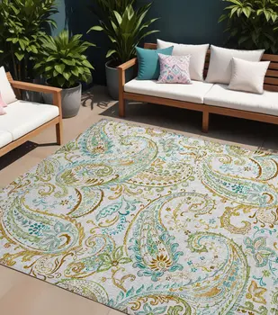 8' X 10' Ivory and Gold Paisley Washable Non Skid Indoor Outdoor Area Rug