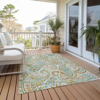 9' X 12' Ivory and Gold Paisley Washable Non Skid Indoor Outdoor Area Rug
