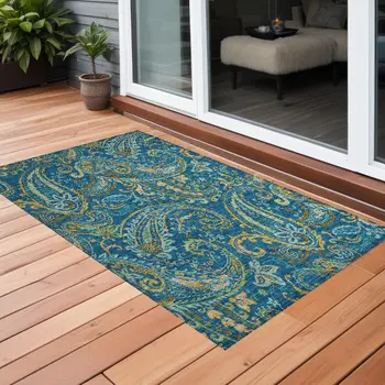 2' X 3' Navy Blue Paisley Washable Non Skid Indoor Outdoor Area Rug