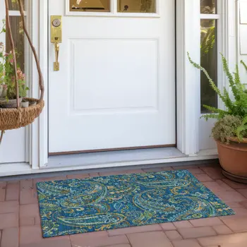 2' X 3' Navy Blue Paisley Washable Non Skid Indoor Outdoor Area Rug