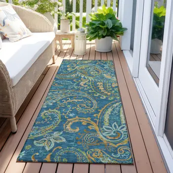 8' Runner Navy Blue Paisley Washable Non Skid Indoor Outdoor Runner Rug
