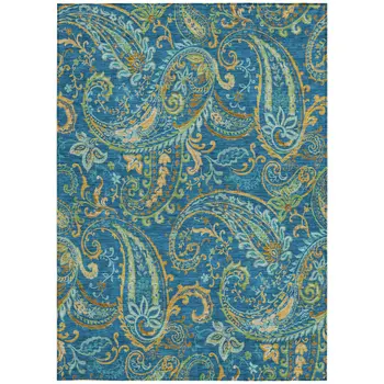 5' X 8' Navy Blue Paisley Washable Non Skid Indoor Outdoor Area Rug