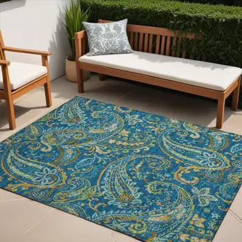 5' X 8' Navy Blue Paisley Washable Non Skid Indoor Outdoor Area Rug