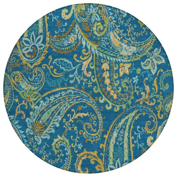 8' Round Navy Blue Round Paisley Washable Non Skid Indoor Outdoor Area Rug