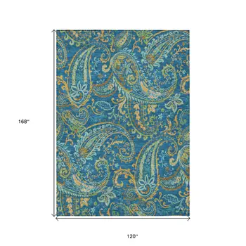 10' X 14' Navy Blue Paisley Washable Non Skid Indoor Outdoor Area Rug