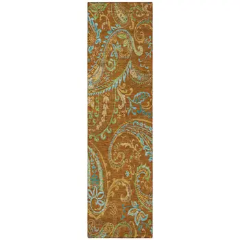 8' Runner Orange Paisley Washable Non Skid Indoor Outdoor Runner Rug