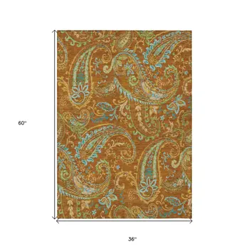 3' X 5' Orange Paisley Washable Non Skid Indoor Outdoor Area Rug